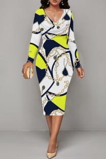 Yellow And Blue Casual Geometric Print Chain print Contrast V Neck Printed Dresses