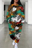 White Green Casual Street Floral Print Leopard Draw String Pocket O Neck Long Sleeve Two Pieces
