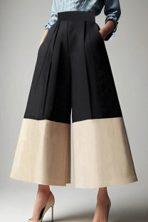 Black Casual Pocket Contrast Boot Cut Mid Waist Wide Leg Patchwork Bottoms