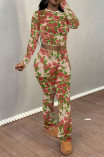 Red Street Geometric Print Flowers Leopard Contrast O Neck Long Sleeve Two Pieces