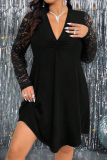 Black Casual Solid Color Lace Patchwork V Neck Long Plus Size Dresses