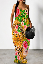 Orange Sexy Floral Print Leopard Pocket Contrast V Neck Printed Dresses