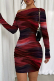 Red Casual Print Patchwork Oblique Collar Wrapped Skirt Dresses