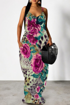 Rose Red Sexy Floral Print Leopard Pocket Contrast V Neck Printed Dresses