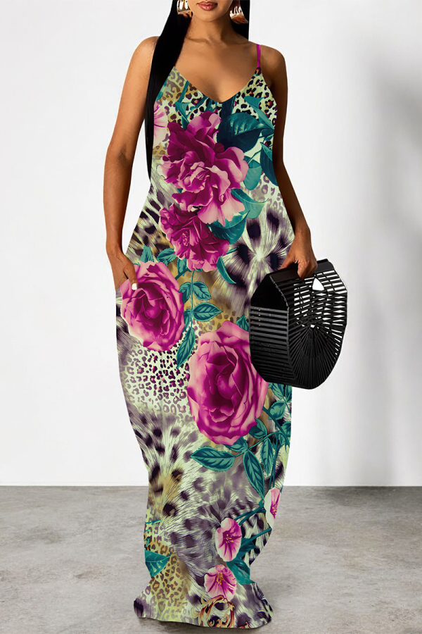 Rose Red Sexy Floral Print Leopard Pocket Contrast V Neck Printed Dresses