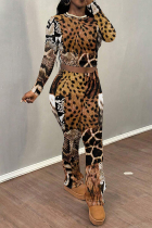 Leopard Print Street Geometric Print Flowers Leopard Contrast O Neck Long Sleeve Two Pieces