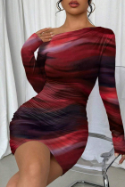 Red Casual Print Patchwork Oblique Collar Wrapped Skirt Dresses