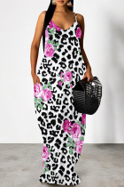 White Pink Sexy Floral Print Leopard Pocket Contrast V Neck Printed Dresses