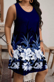Tibetan Blue Casual Print Patchwork O Neck Long Plus Size Dresses