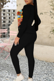 Colour Casual Street Graffiti Print Contrast O Neck Long Sleeve Two Pieces