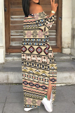 Khaki Sexy National Totem Print Lace Up Slit Contrast Off Shoulder Irregular Dresses