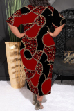 Multicolor Casual Chain print Leopard Pocket Contrast O Neck Printed Plus Size Dresses