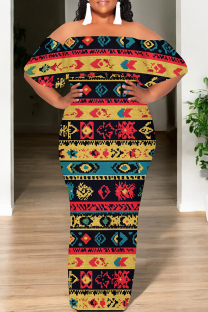 Yellow And Blue Casual Print Patchwork Backless Flounce Off Shoulder Long Dresses