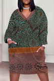 Khaki Casual Floral Print Pocket Contrast V Neck Printed Plus Size Dresses