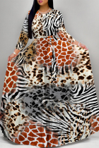 Brown Elegant Geometric Print Animal Print Pocket Lace Up Contrast O Neck Printed Dresses