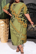 Light Green Casual Chain print Leopard Pocket Contrast O Neck Printed Plus Size Dresses