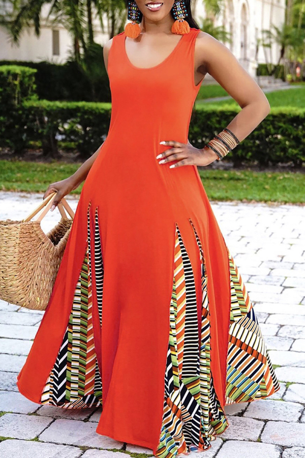 Orange Casual Print Patchwork O Neck Long Plus Size Dresses