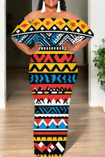 Colour Casual Print Patchwork Backless Flounce Off Shoulder Long Dresses