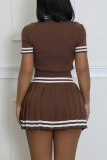 Black Casual Stripe Buttons Patchwork Turndown Collar Short Sleeve Two Pieces