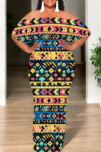Light Yellow Casual Print Patchwork Backless Flounce Off Shoulder Long Dresses