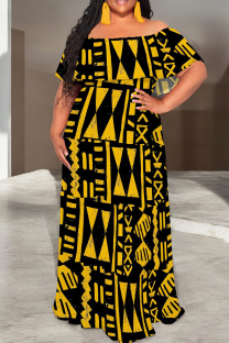 Black Yellow Casual Print Patchwork Ruffled Trim Off Shoulder Long Dresses