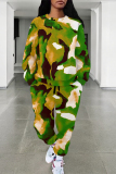Black Red Casual Street Camouflage Print Stripe Draw String Pocket Contrast O Neck Long Sleeve Two Pieces