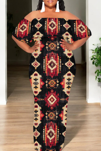 Black Casual Print Patchwork Backless Flounce Off Shoulder Long Dresses