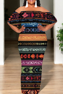 Purple Green Casual Print Patchwork Backless Flounce Off Shoulder Long Dresses