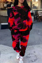 Black Red Casual Street Camouflage Print Stripe Draw String Pocket Contrast O Neck Long Sleeve Two Pieces