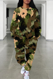 Black Red Casual Street Camouflage Print Stripe Draw String Pocket Contrast O Neck Long Sleeve Two Pieces