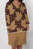 Khaki Casual Floral Print Pocket Contrast V Neck Printed Plus Size Dresses