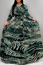 Dark Green Elegant Geometric Print Animal Print Pocket Lace Up Contrast O Neck Printed Dresses