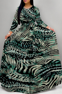 Dark Green Elegant Geometric Print Animal Print Pocket Lace Up Contrast O Neck Printed Dresses