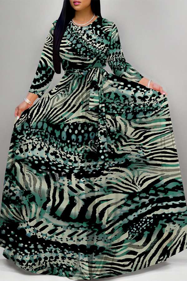 Dark Green Elegant Geometric Print Animal Print Pocket Lace Up Contrast O Neck Printed Dresses