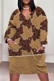 Khaki Casual Floral Print Pocket Contrast V Neck Printed Plus Size Dresses