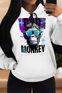 White Blue Casual Animal Print Draw String Pocket Hooded Tops