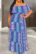 Blue Purple Casual Print Patchwork Ruffled Trim Off Shoulder Long Dresses
