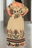 Blue Black Casual Print Patchwork Ruffled Trim Off Shoulder Long Dresses