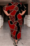 Multicolor Casual Chain print Leopard Pocket Contrast O Neck Printed Plus Size Dresses