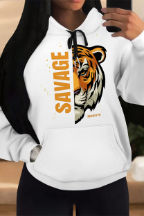 White Yellow Casual Animal Print Draw String Pocket Hooded Tops