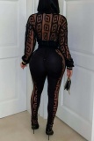 Black Sexy Solid Color Buttons Patchwork See-Through Turndown Collar Long Sleeve Two Pieces