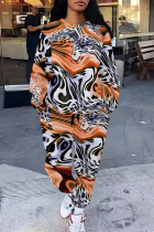 White Brown Casual Street Camouflage Print Stripe Draw String Pocket Contrast O Neck Long Sleeve Two Pieces