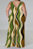 Green Casual Street Geometric Print Contrast V Neck Plus Size Jumpsuits(There is a headscarf)