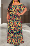Blue Black Casual Print Patchwork Ruffled Trim Off Shoulder Long Dresses