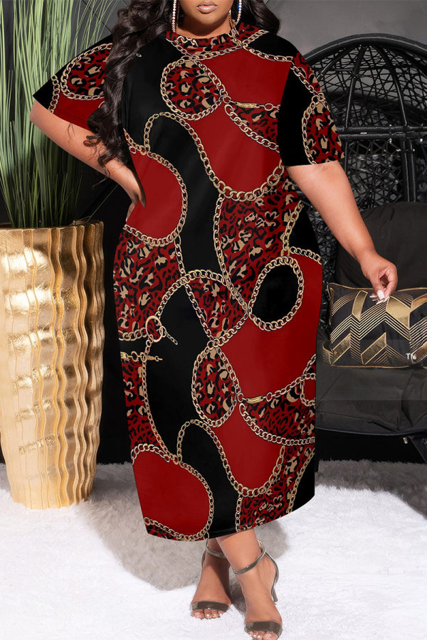 Black Red Casual Chain print Leopard Pocket Contrast O Neck Printed Plus Size Dresses