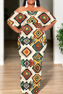 White Yellow Casual Print Patchwork Backless Flounce Off Shoulder Long Dresses