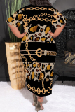 Multicolor Casual Chain print Leopard Pocket Contrast O Neck Printed Plus Size Dresses