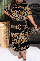 Black Casual Chain print Leopard Pocket Contrast O Neck Printed Plus Size Dresses