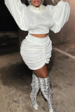 White Casual Solid Color Patchwork Ruched Hooded Long Sleeve Two Pieces