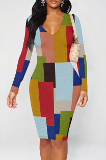 Multicolor Casual Geometric Print Contrast V Neck Printed Dresses